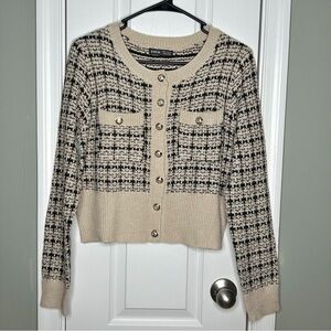 SHEIN Tweed Style Knit Cardigan Beige Black Gold Button Cropped NEW Medium